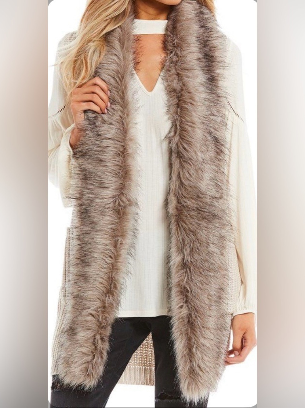 Jessica Simpson Beige Faux Fox Fur Chunky Knit Sweater Vest Cardigan Women XS